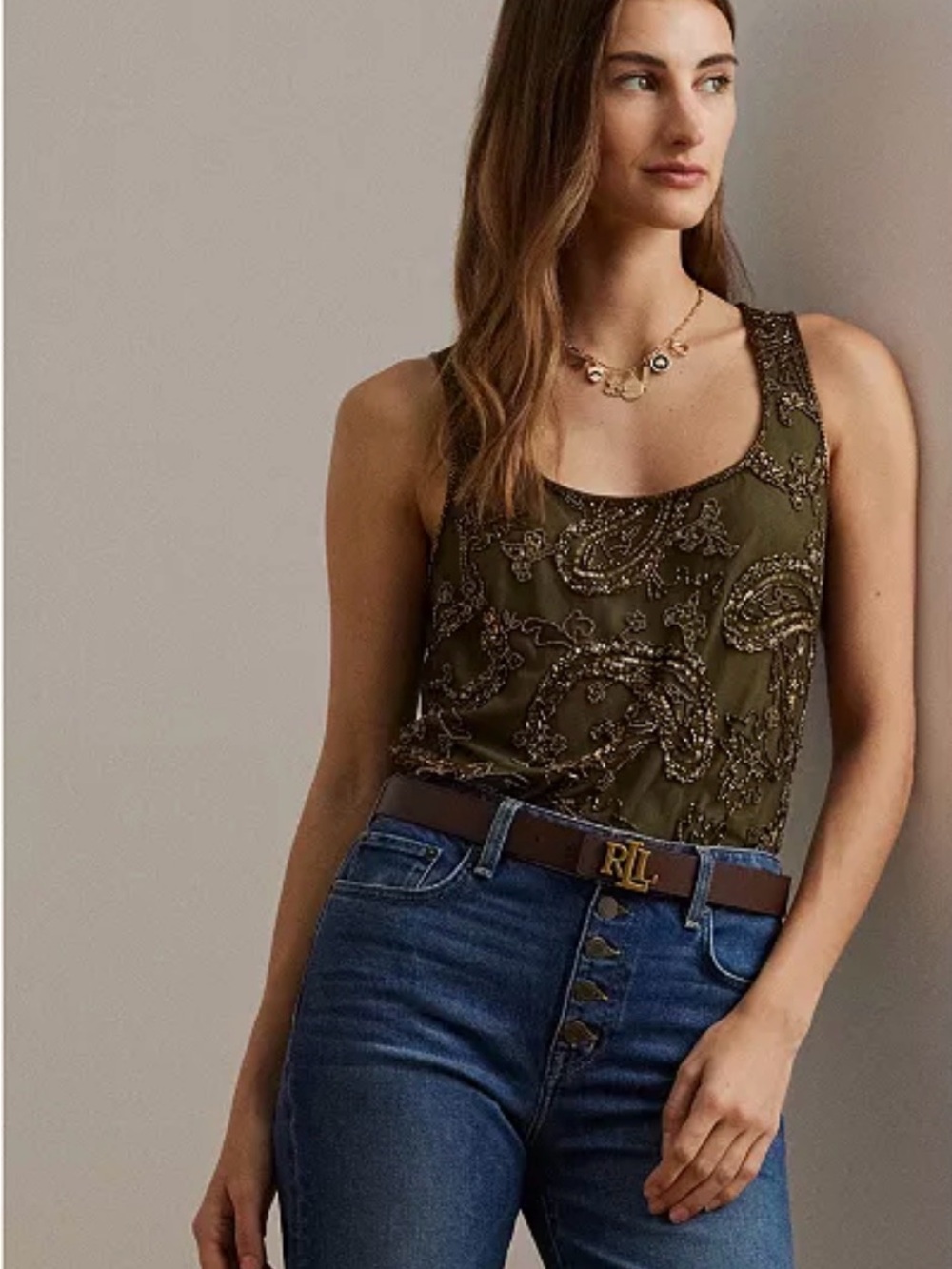 LRL $245 Embellished Mesh Tank Top Size 8